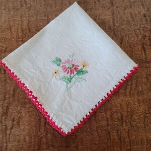 Vintage flower bouquet embroidered napkin serviette linen cream red trim handker